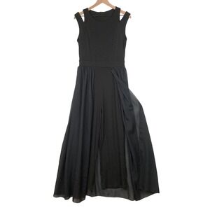 Maxi Jumpsuit w Sheer Overlay‎ Skirt Sz S Black Cut Out Sleeves Party Cocktail